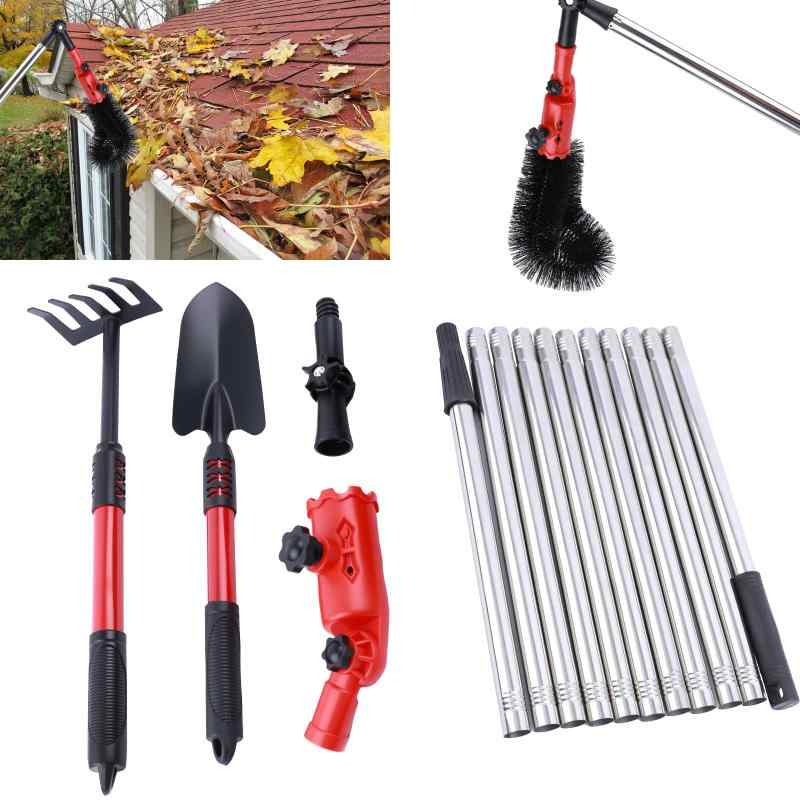 伸縮式雨どい清掃レーキ 4M 高所掃除ブラシ 雨樋掃除道具 デッキブラシ 屋外 ツールキット 伸縮延長ポール 排水口掃除ブラシ シャベル 2個角度調整可能なアダ...