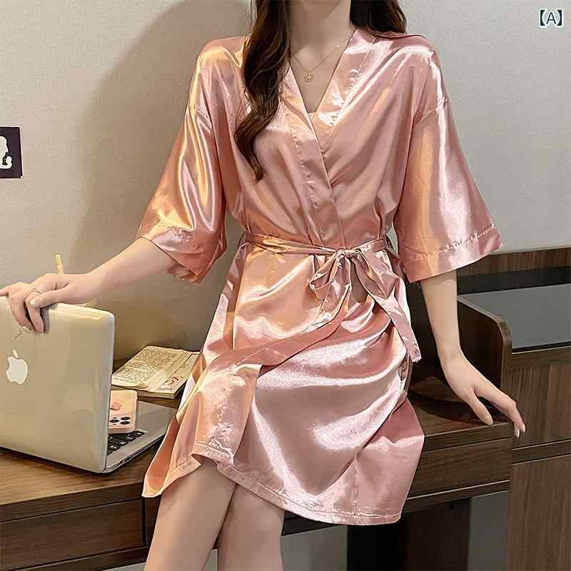 ガウン 快適 着心地 パジャマ レディース 夏 薄手 冷感 半袖 ナイトガウン 和風 無地 セクシー ゆったり バスローブ ネクタイ 付き ホームウェア