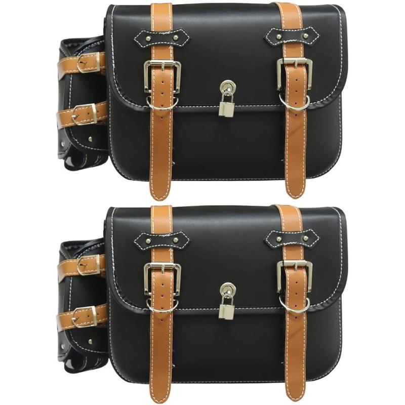 (ロキリフ) バイク サイド バッグ ハーレー PU 南京錠 付き 左右2個セット (大容量 防水 鍵 ケース 小物入れ ツーリング アウトドア)(ブラック ブラウン 大 中)