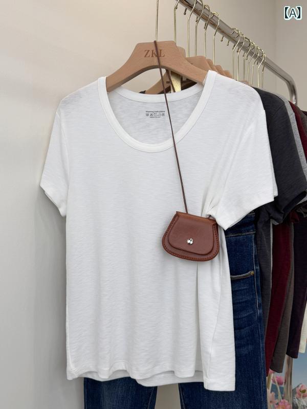 シンプル レディース Tシャツ 無地 高級 美 白 夏用 大きい 半袖 Tシャツ レディース ベーシック 伸縮性 肩 U ネック ゆったり 体型カバー トップス