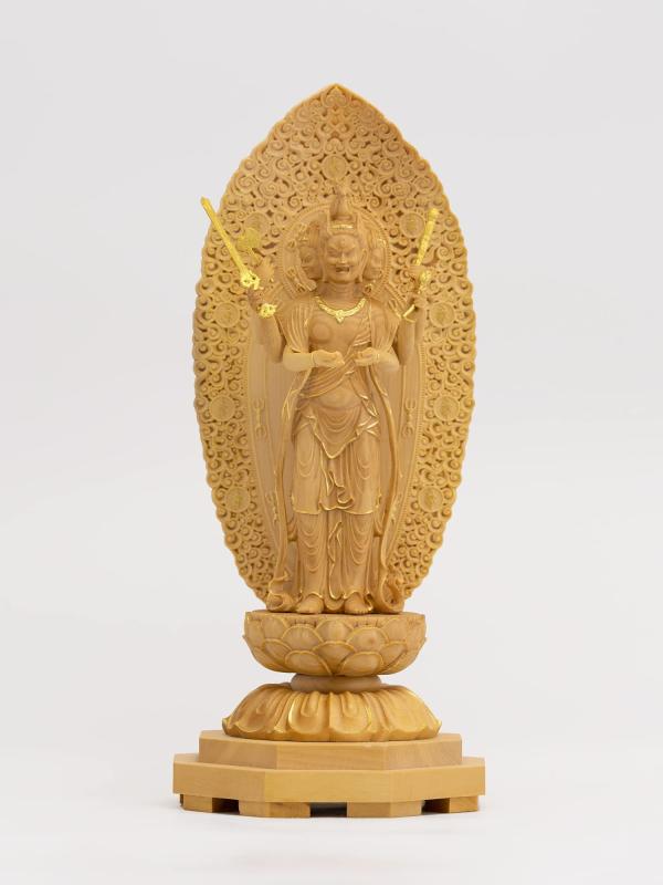 極小仏 馬頭観音 14.2cm（木製：ツゲ 金泥仕上）＿観世音菩薩 仏像 フィギュア 木彫り 置物（GSBばとうかんのん