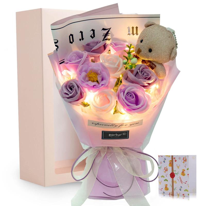 ライト 付き ソープフラワー 花束 バラ 造花 可愛いくま 誕生日 母の日 父の日 母のひプレゼント お祝い 女性 退職祝い 結婚祝い 花 発表会 フラワー ブーケ 石けん あすつく対応