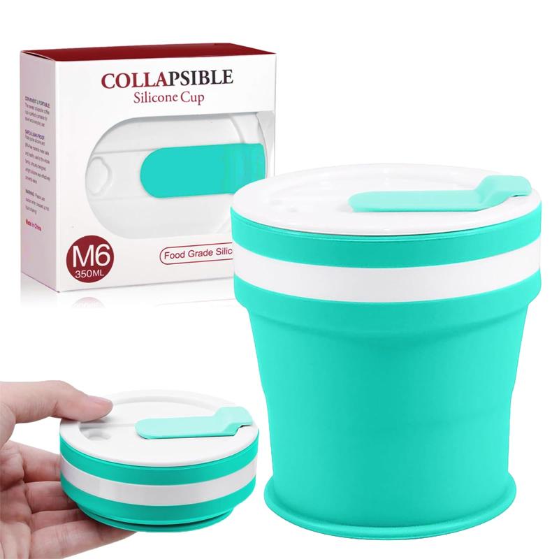 Geerow 折り畳みコップ 350ml 蓋付き 挿入可能なストロー 携帯コーヒーカップ シリコン食器 耐熱 多機能 軽量 旅行 通勤 通学 野外食事用