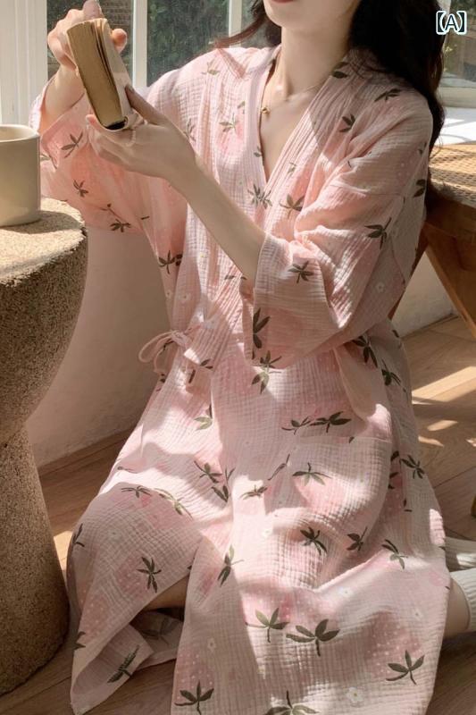 バスローブ パジャマ ナイトガウン バスローブ レディース 夏 綿 ガーゼ スイート 和風 ストラップ カ..