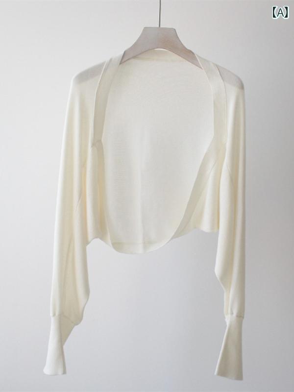 ホワイトニットセーター レディースの 夏用 軽量 カーディガン フレンチ 日焼け防止 ベスト スリップ ドレスと 合わせて 着用 できる 冷感の ショート ショール ニット カバー アップ