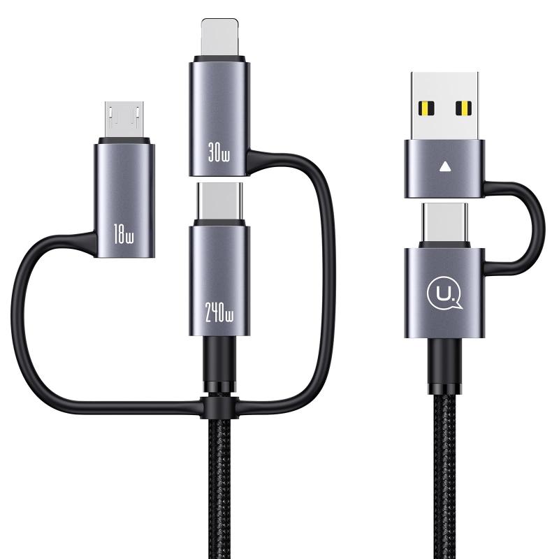 4 in 1 充電ケーブル 急速充電 USB Type-C/USB Type-C/IP/Micro 1本4役 4台同時充電 USB充電ケーブル 高速データ転送 高耐久ナイロン編み タイプC ケーブル タイプC ケーブル 多機種対応 1.2M ブラック