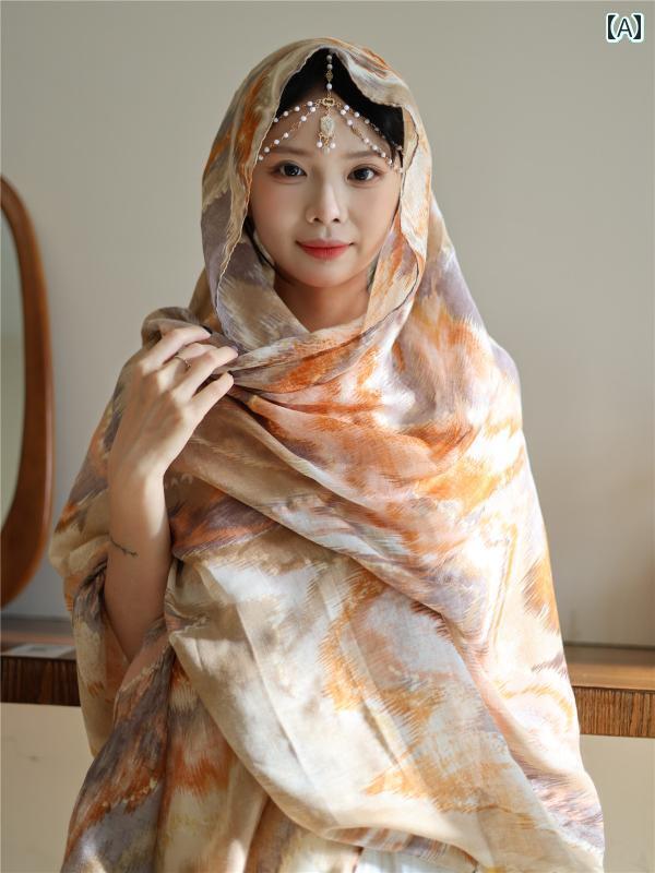 スカーフ エレガント レディース チャイナ風 金箔 押し コットン＆ リネン スカーフ プリント 西洋風 ..