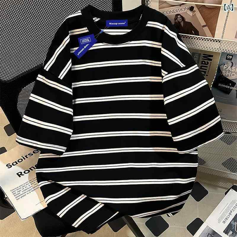 ストライプ Tシャツ 男性用 WASSUP アメリカン レトロ ストライプ 半袖 Tシャツ メンズ 夏 2025 ゆったり オーバー サイズ カップル トップス