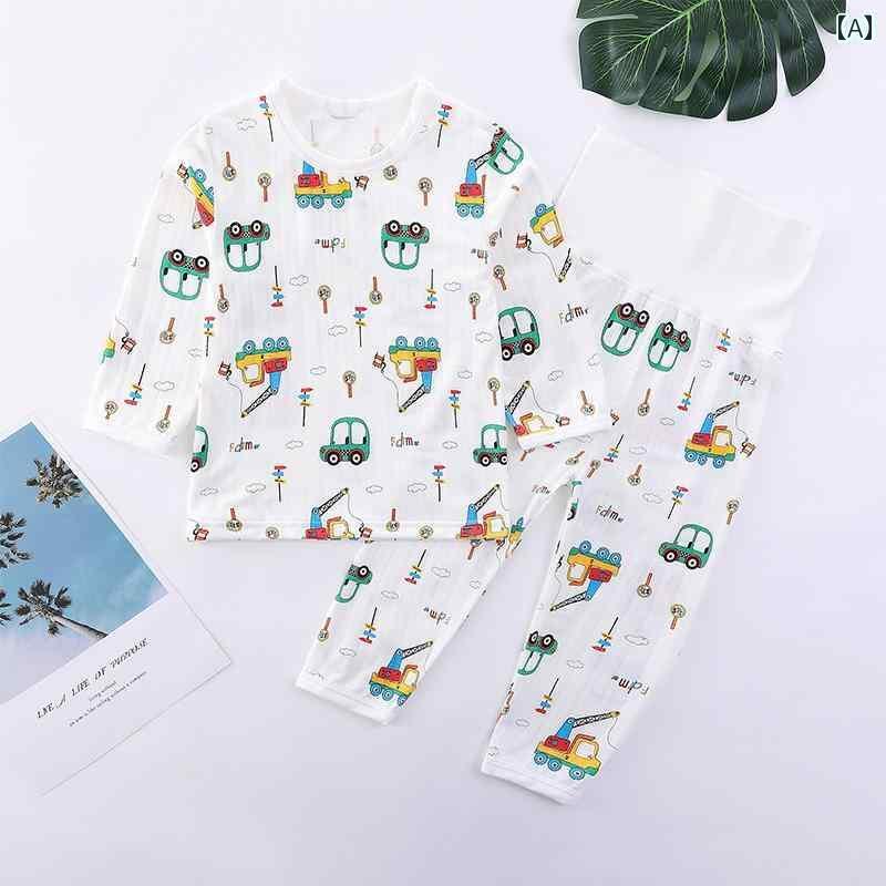 ベビー服 パジャマ 快適 男の子と 女の子 夏の 子供用 モダール 薄手 パジャマ ハイウエスト 腹 保護 スーツ ベビー 長袖 ホームウェア エアコン 服
