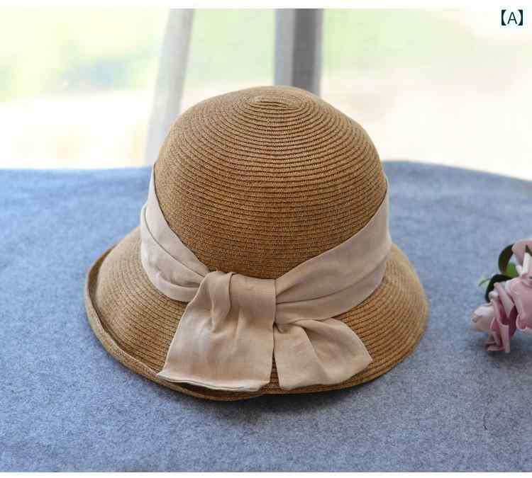 麦わら帽子 日焼け防止 レディース の 風 カール ボウ サンハット 女性用 旅行用 日焼け防止 折りたた..