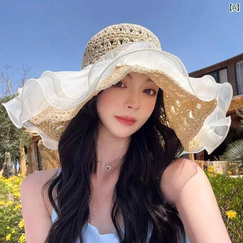 麦わら帽子 日焼け防止 レディース 帽子 レディース 2025 レース 通気性 つば 広 麦わら サンハット 海..