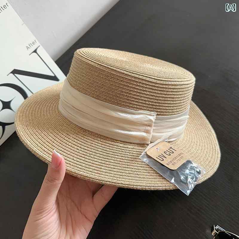 麦わら帽子 日焼け防止 レディース オー ガンザ フレンチ フラット トップ サンハット 女性用 夏の 海辺の 休暇用 小さい 細い 麦わら 編みの 帽子 付き