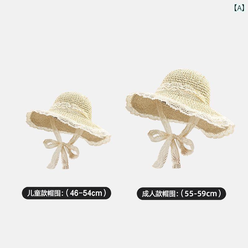 麦わら帽子 日焼け防止 レディース 子供用 帽子 夏用 レース 麦わら 女性用 アウトドア 通気性 日焼け..