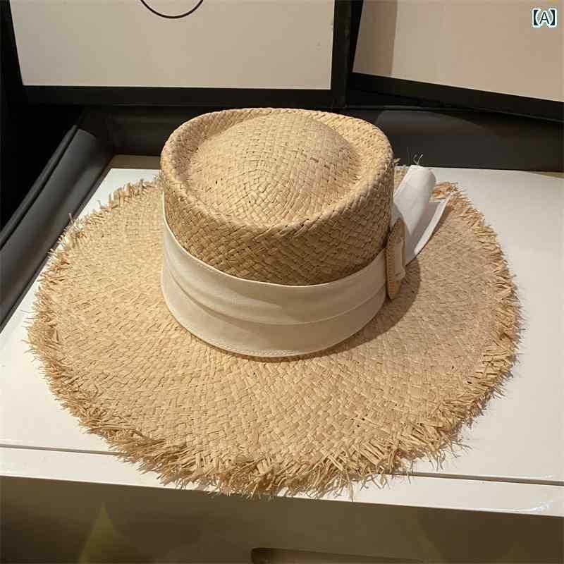 麦わら帽子 日焼け防止 レディース マダガスカル ラフィアな 手織り 麦わら 帽子 サンシェード 日焼け防止 フラット トップ ライト ハット レディース
