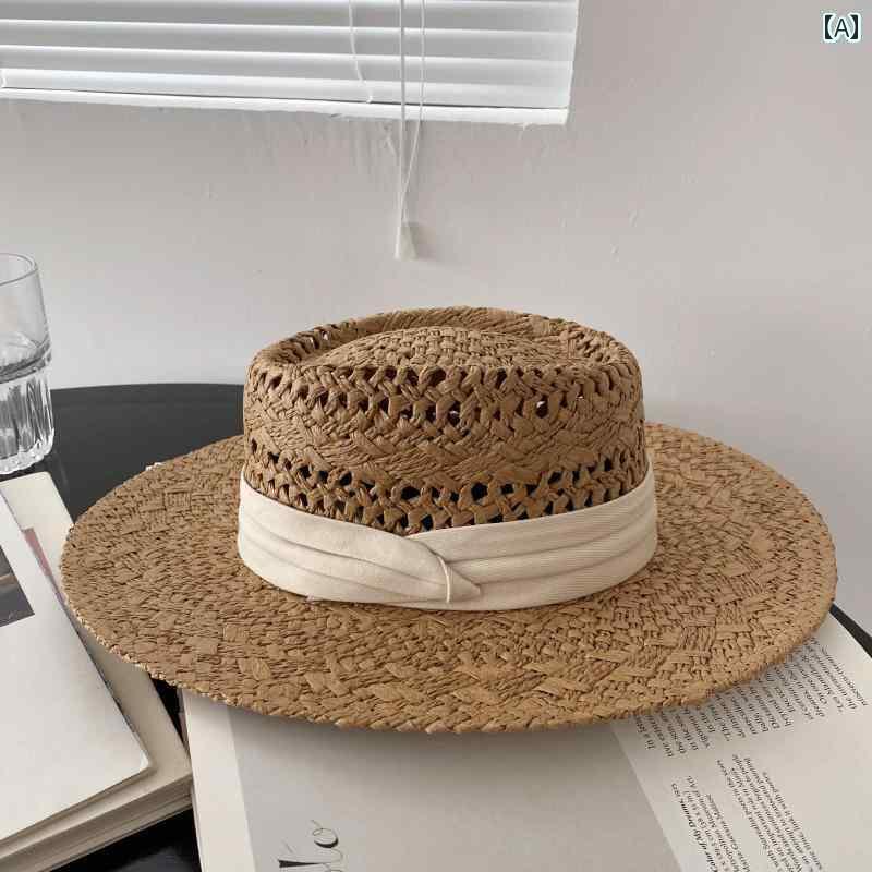 レディース 麦わら帽子 ガーリー レトロ フラット トップハット 麦わら 帽子 海辺への 旅行 休暇 日焼..