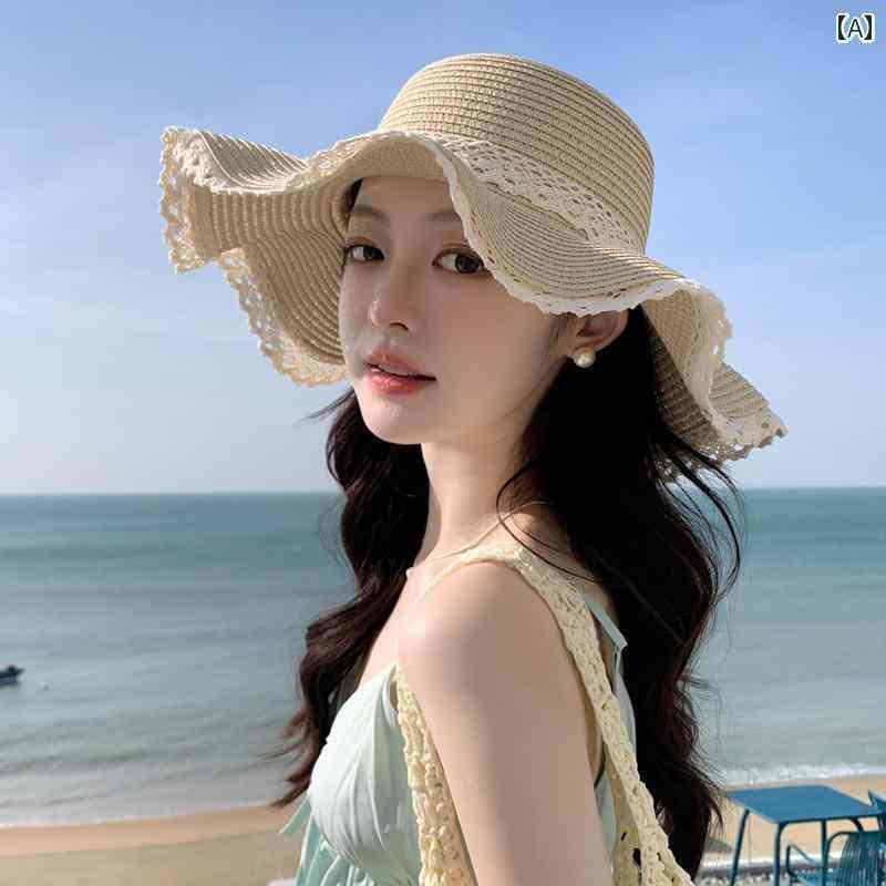 レディース 麦わら帽子 ガーリー 女性用 ビーチハット 夏 ファッション 旅行 海辺 サンハット 折りたたみ 式 麦わら 帽子 日焼け防止 つば 広