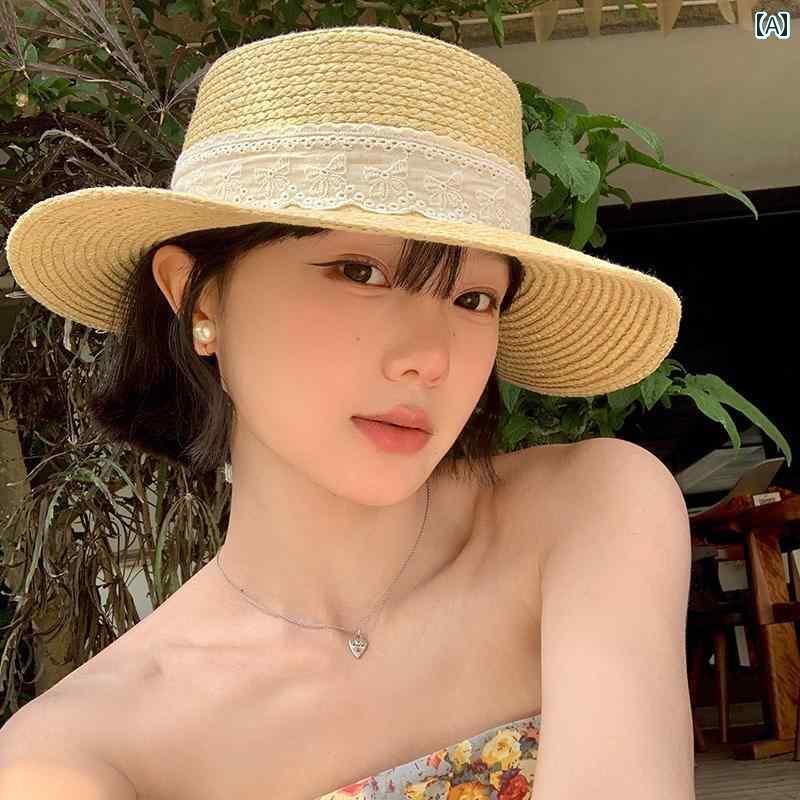 麦わら帽子 日焼け防止 レディース リボン フラット トップ 麦わら 帽子 レディース 夏 海辺 バケーシ..