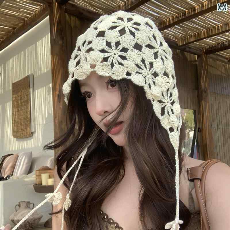 ターバン キャップ レディース 2025夏物 手編み かぎ 針 編み 帽子 レディース 花 パイル タッセル 甘..