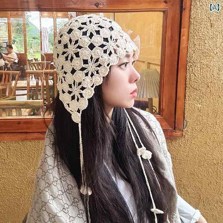 ターバン キャップ レディース 春夏 かぎ 針 編み 帽子 女性用 ニット 花 タッセル 包 頭 エスニックの..