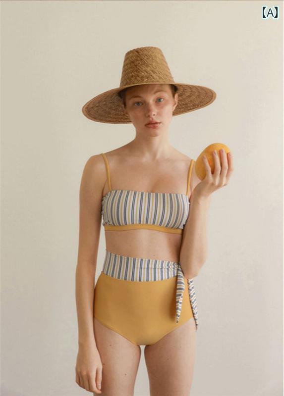 レディース ガーリー 水着 ビキニ 価格 チューブ トップ ハイウエスト 新 韓国 ストライプ スプリット ..