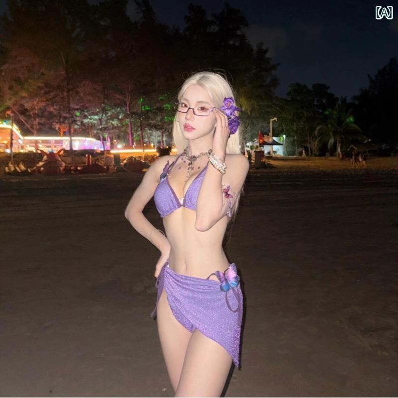 レディース ガーリー 水着 ビキニ 女性用 パープル ビキニ 3点 スリット 水着 美 白 ビーチ 温泉 休暇 なの 美しさ