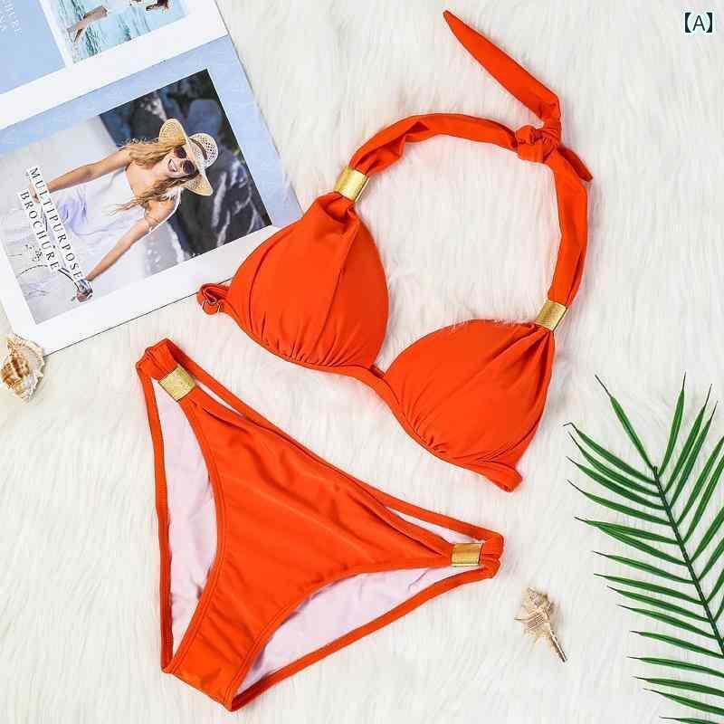 Two-Piece - 水着 ビキニ エレガント プッシュアップ 貧 乳 三点 ビーチ オレンジ ビキニ 三角 カップ 魅惑的 巨 水着 ラージカップ 欧米