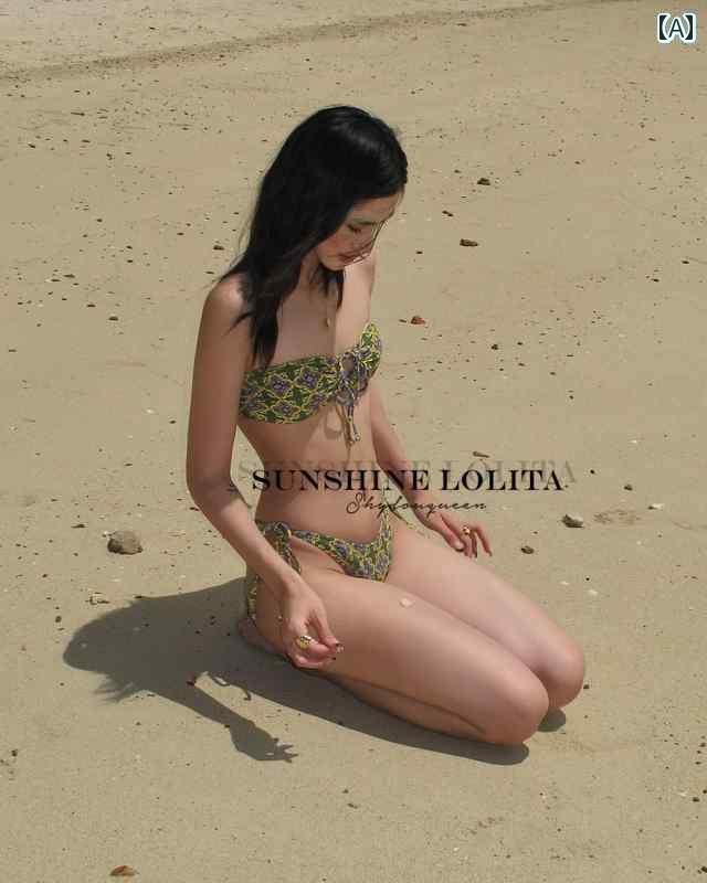 水着 ビキニ エレガント ホット ガールの 3点 ストラップ チューブ トップ ビキニ イン 温泉 バケーション プリント 小さい 胸が 集まった 美しい スプリット 水着