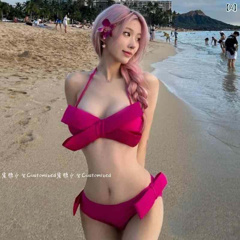 Two-Piece - 水着 ビキニ エレガント PINKな スタイル ピンク ホワイト 立体 ビッグ リボン 水着 女性 ホット ガール小 胸 ワイヤー ギャザー ビキニ