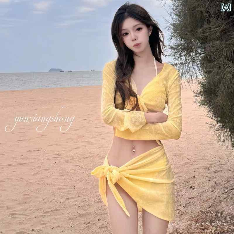 水着 ビキニ エレガント 水着 レディース 2025 スプリット ビキニ 4 ピース 長袖 日焼け防止 海辺 リゾート 温泉 高級