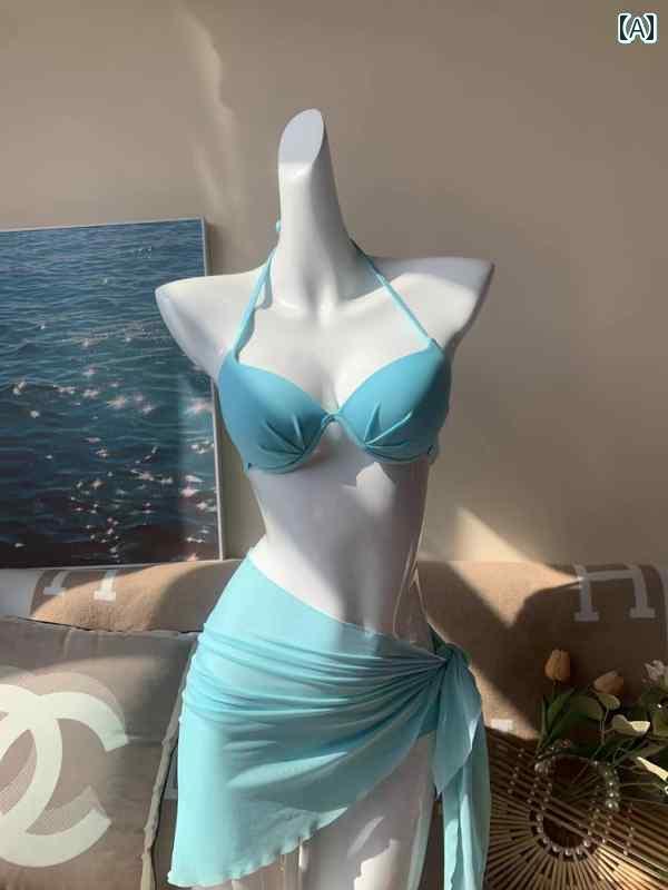 水着 ビキニ レディース セクシー 水着 レディース 2025 ブルー スプリット ビキニ小 胸 ギャザー 日焼け防止 カバー アップ 海辺 リゾート 温泉