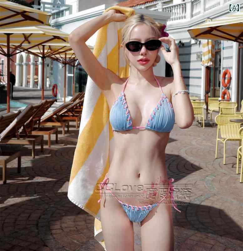水着 ビキニ レディース セクシー と アメリカ 手織りの 青と ピンクの 質感の コントラストの 魅惑的 ..