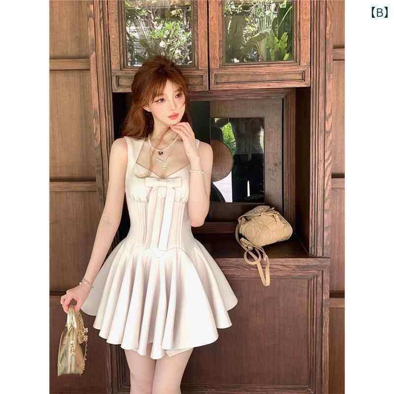 ドレス パーティードレス レディース フレンチ リボン サスペンダー ドレス 女性用 高級 ウエスト 赤 プリーツ ショート スカート 夏