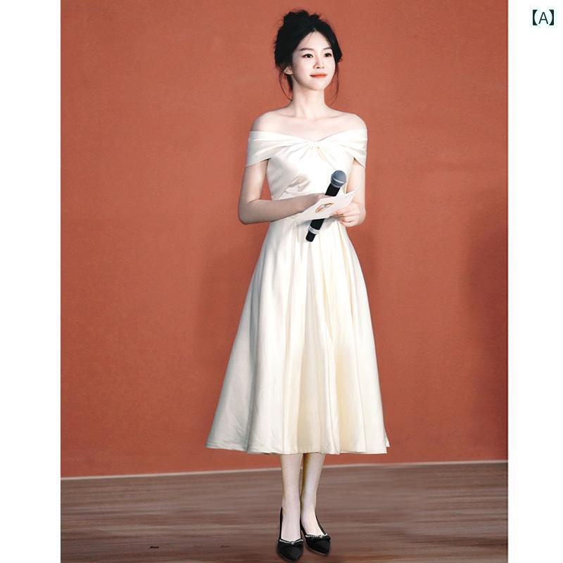 きれいめ ドレス パーティードレス ワンショルダーの サテンの イブニングドレス ハイエンド フランスの 婚約 ドレス 学生向け 登録 ホワイト