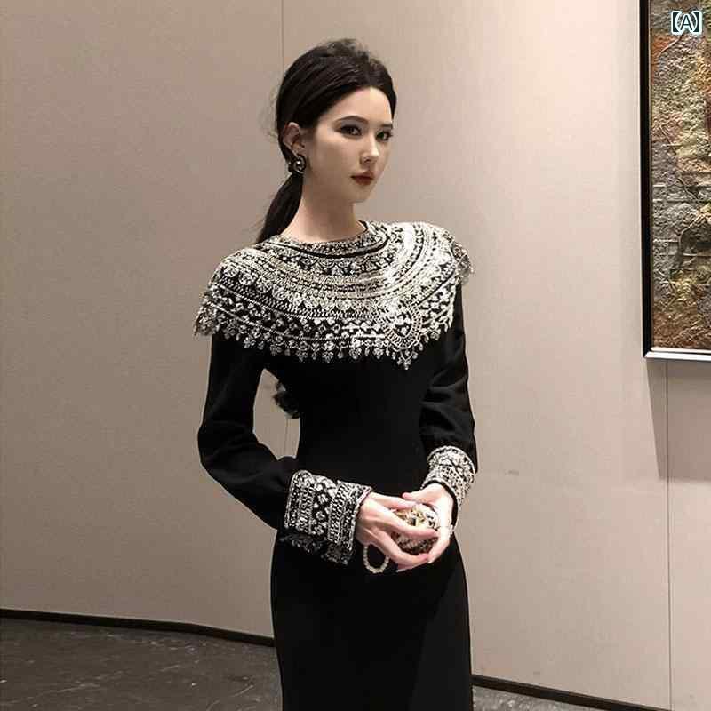 きれいめ ドレス パーティードレス 重厚 ラインストーンが ちりばめられた 社交 界のの 黒い ドレス 女性用 イブニングドレス 誕生日 パーティーバトル ローブ 美しい ロング