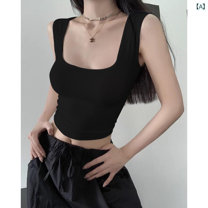 キャミソール 合わせやすい インナー レディース 夏の 女性用 ホット ガール ブラック スクエアネック ..