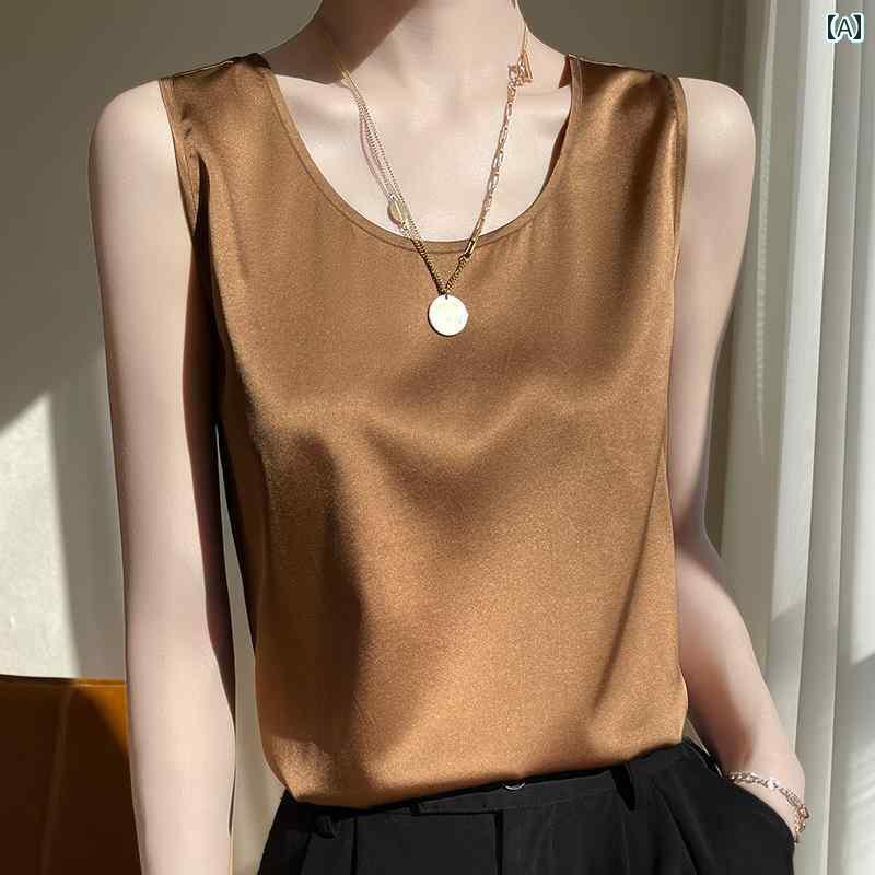 キャミソール 合わせやすい インナー レディース シルク サマー アセテート サテン キャミソール ベスト レディース ラウンドネック アンダーウェア ノースリーブ ボトムス スーツ マルベリー 無地