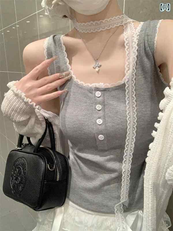 キャミソール 合わせやすい インナー レディース ガーリーな レースの スプライシング スクエアネック ..