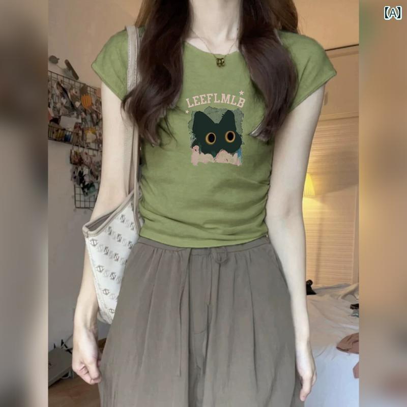 おしゃれなTシャツ レディース グリーンの 大きい 猫の 目 プリント スリムフィット 半袖 Tシャツ 女性 夏 2025 ドーパミン ユニークな 美しい ウエスト トップ(4)