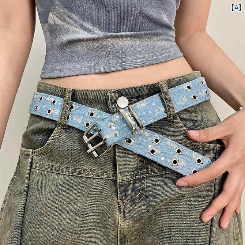 レディースベルト 2025年 レトロ スタースタッズ デニム ベルト Y2K 万能 ジーンズ レディースベルト ..