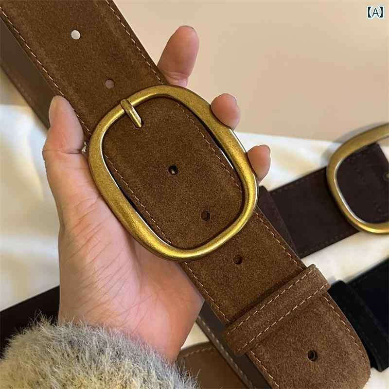 レディースベルト ワイド ベルト コート ウエスト シール レディース レトロ ブラウン ゴールドバックル 二 層 牛革 フロスト スエード ハイエンド 秋冬