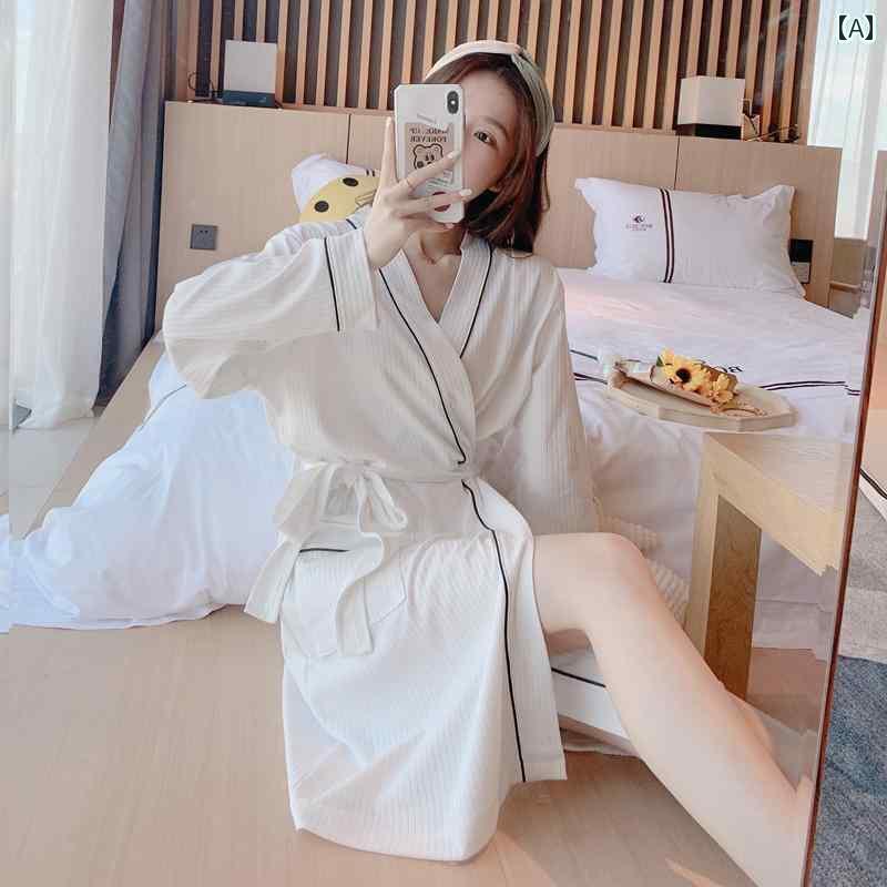 バスローブ パジャマ 春秋冬 女性用 パジャマ 綿 甘くて かわいい 学生の シンプル モーニング ローブ ..