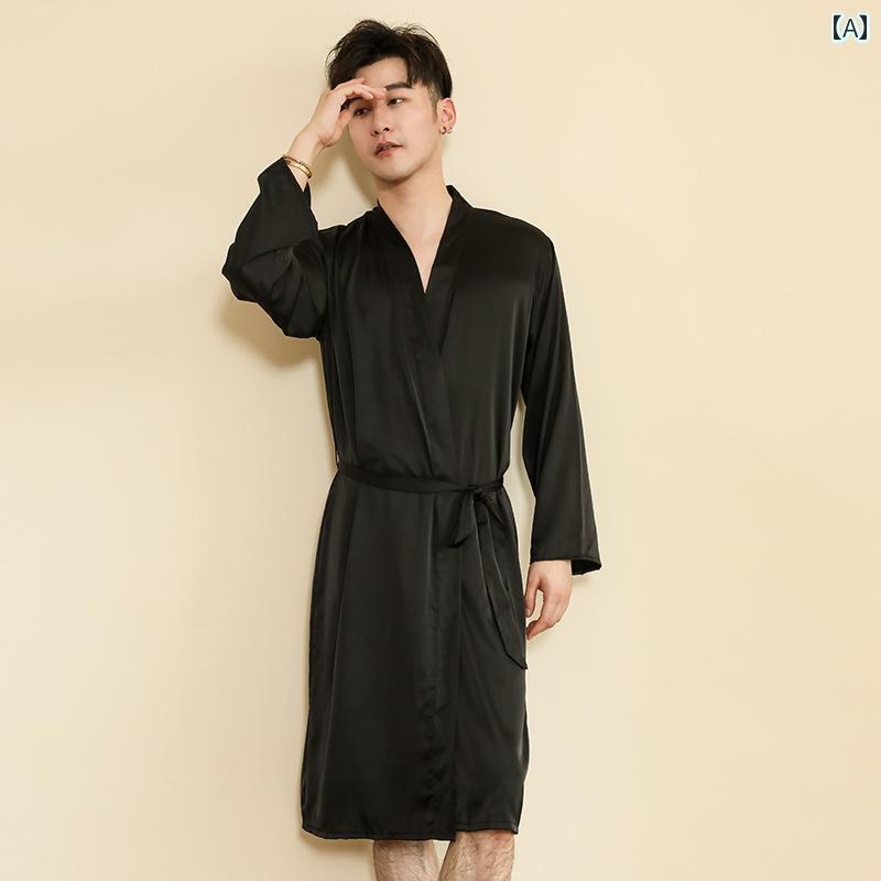 バスローブ パジャマ 黒の カップル ナイトガウン シルクサテン 春秋 無地 パジャマ メンズ レディース..