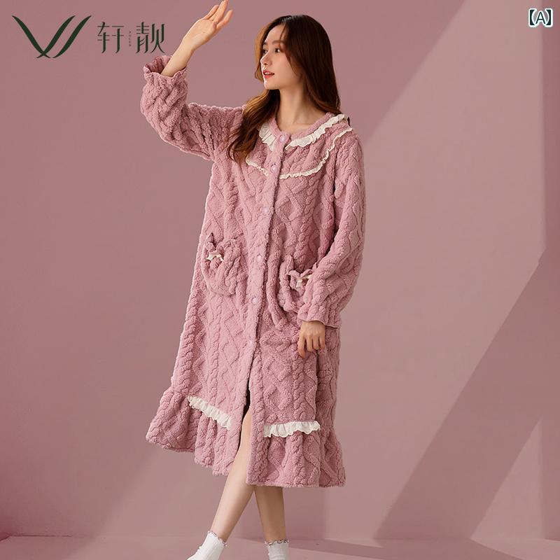 バスローブ パジャマ レディース コーラル ベルベットの ナイトガウン 秋冬 厚手 ミドル丈 パジャマ 暖..