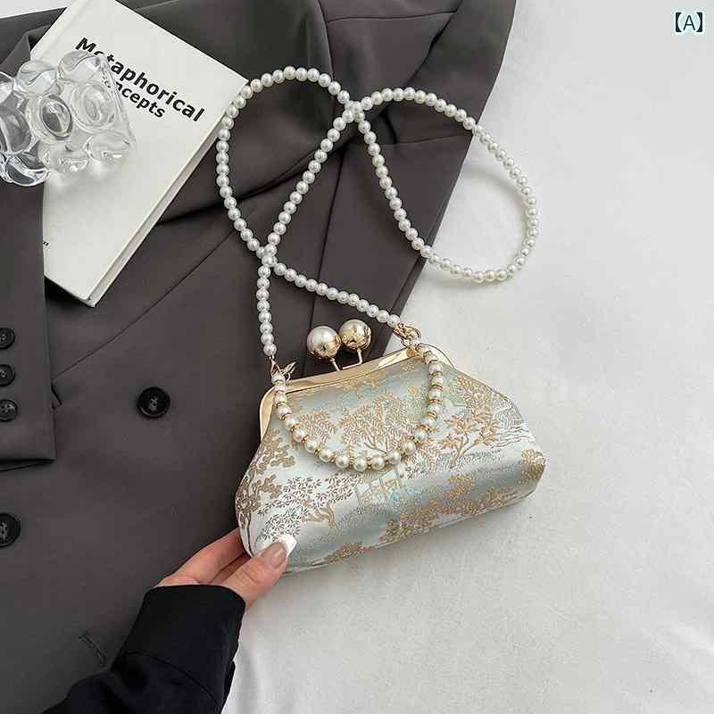 パーティーバッグ レディース チャイナ風 民族 風 刺繍 バッグ 女性 2025 パール チェーン メッセンジャーバッグ ハンドバッグ ゴールド
