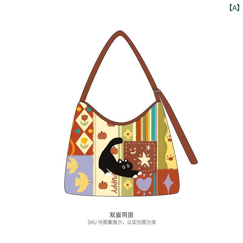 パーティーバッグ レディース Nirui新 ショルダーバッグ かわいい 猫 ジッパー キャンバス バッグ メッ..