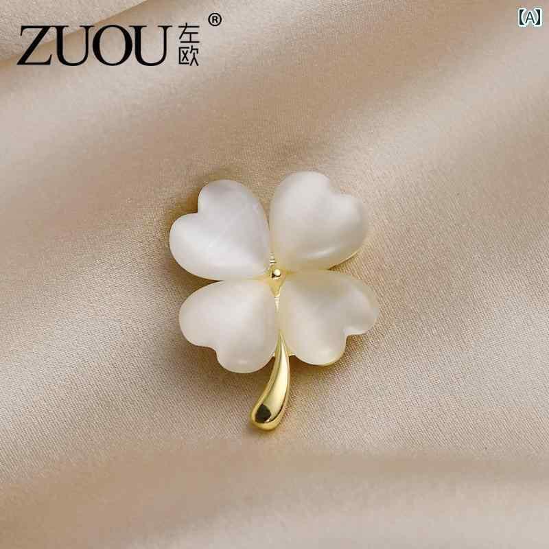 ブローチ アクセサリー 四つ 葉の クローバー ブローチ ハイエンド レディース 精巧 ファッション 露出 防止 コサージュピン バックル ピン 固定 衣類 アクセサリー