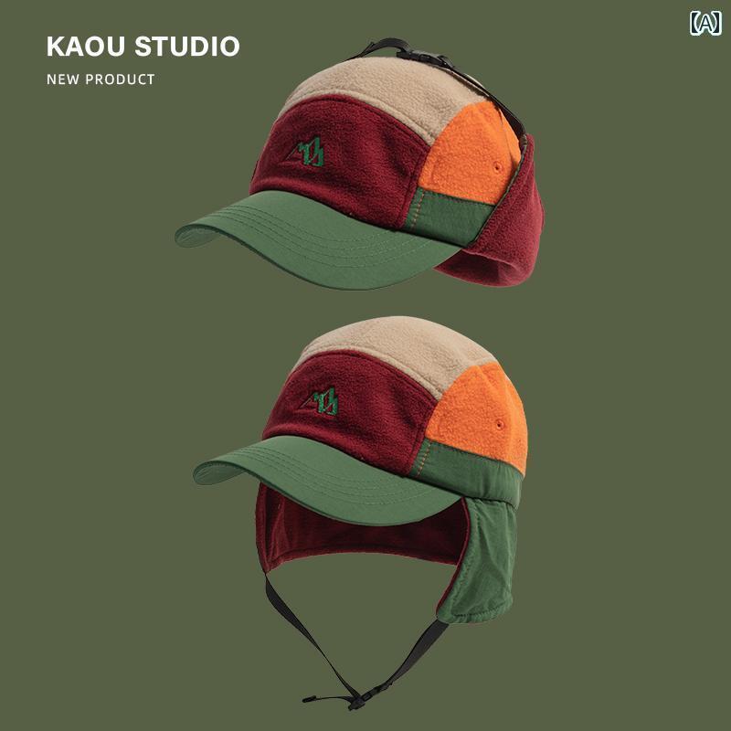 パイロット キャップ メンズ 秋冬 カラーマッチング ウール ダックビル ハット レディース 韓国 暖かい 耳 保護 レイ フェン メンズ アウトドア パイロット