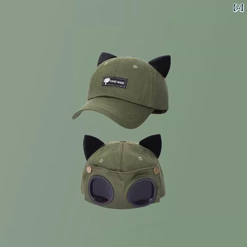 パイロット キャップ メンズ かわいい 猫 耳 パイロット 帽子 メガネ 野球帽 レディースサングラス キ..