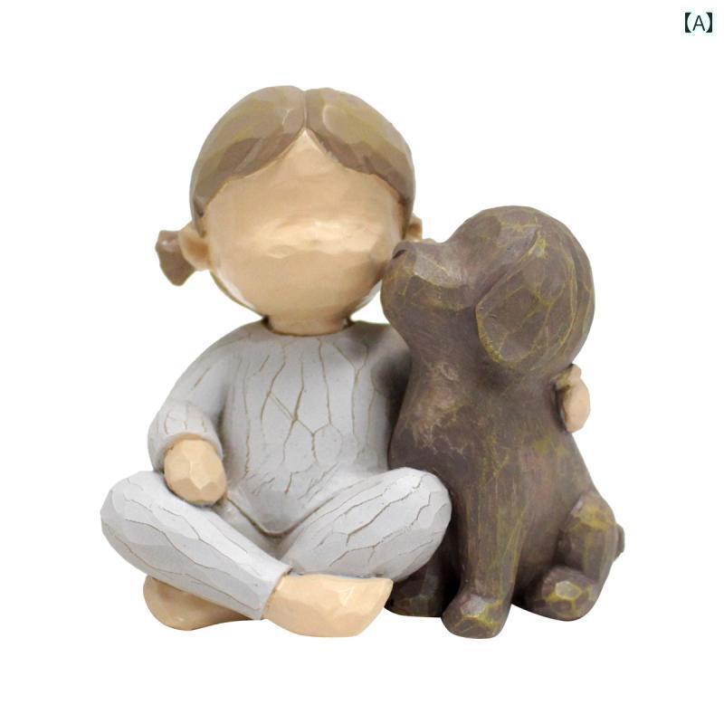 かわいい 飾り 雑貨 フェイク 木彫りの 装飾品 女の子と 犬 樹脂 ホーム デスク トップ 家族 メモリアル ギフト
