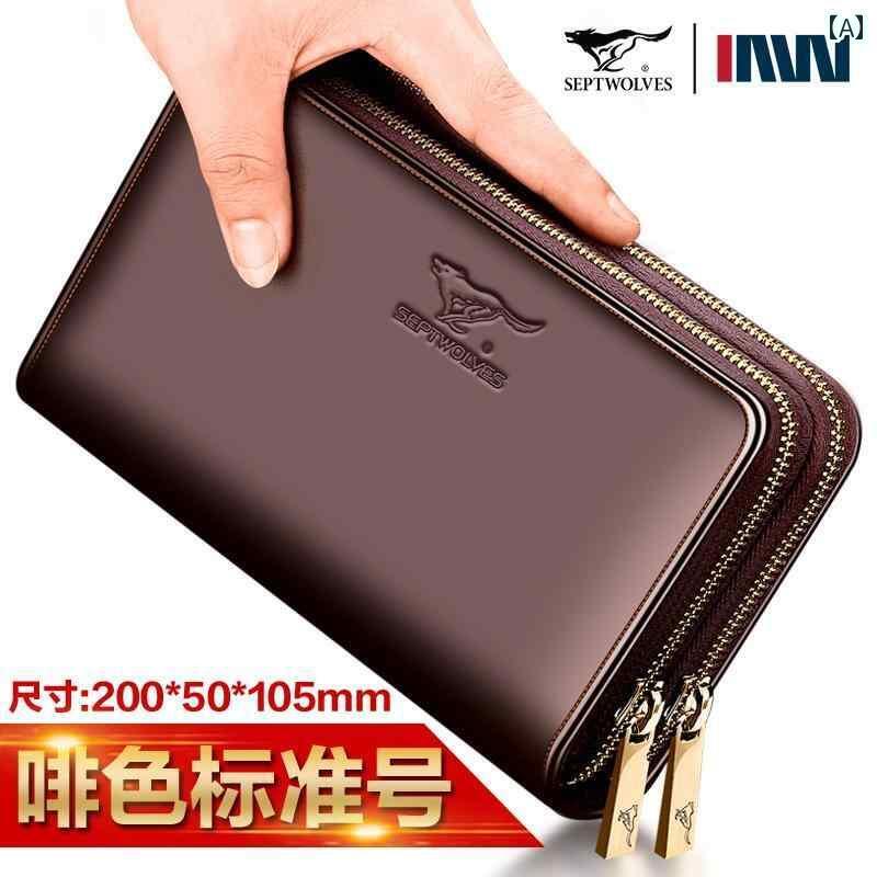 クラッチバッグ メンズ おしゃれ Septwolves メンズ クラッチ第一層 牛革 ダブル ジッパー大容量 多機..